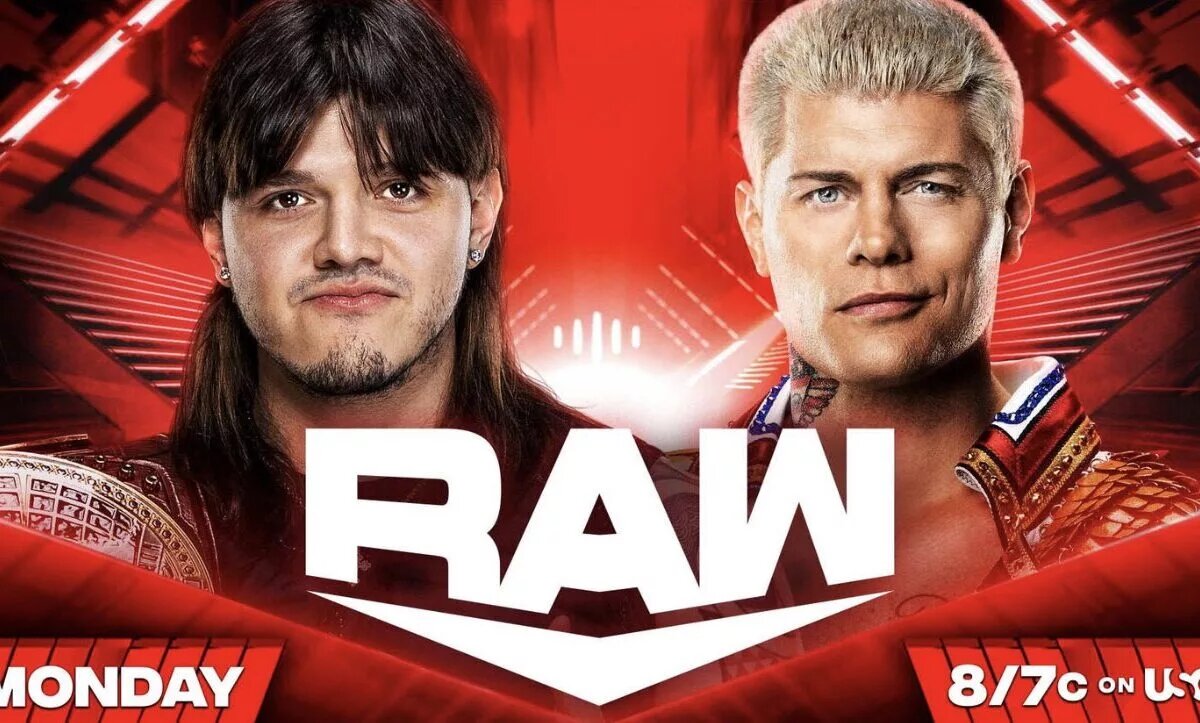 WWE Raw match graphic featuring Cody Rhodes and Dominik Mysterio.