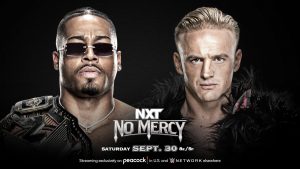 NXT No Mercy match graphic featuring Carmelo Hayes and Ilja Dragunov.
