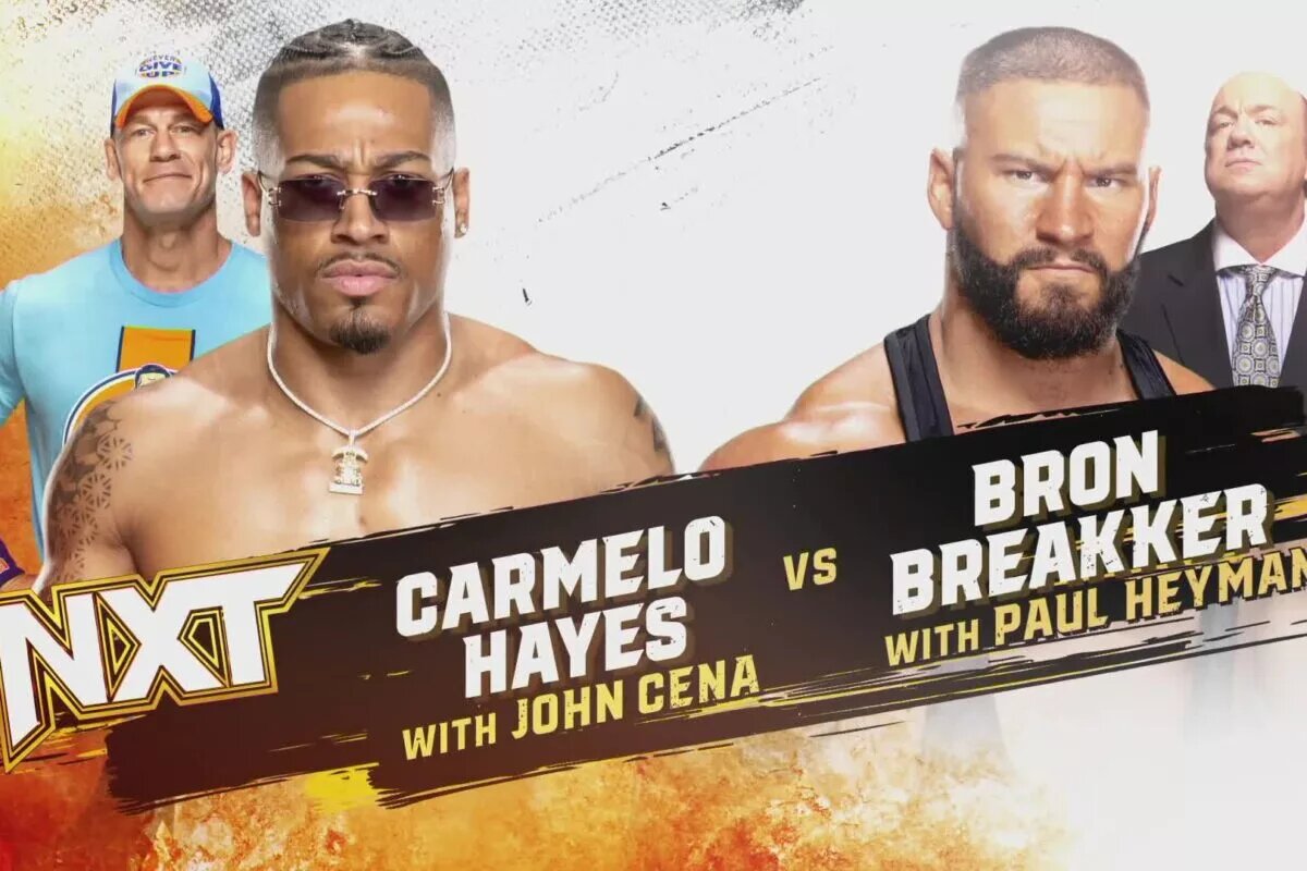 A WWE NXT match graphic featuring Carmelo Hayes, Bron Breakker, John Cena, and Paul Heyman.