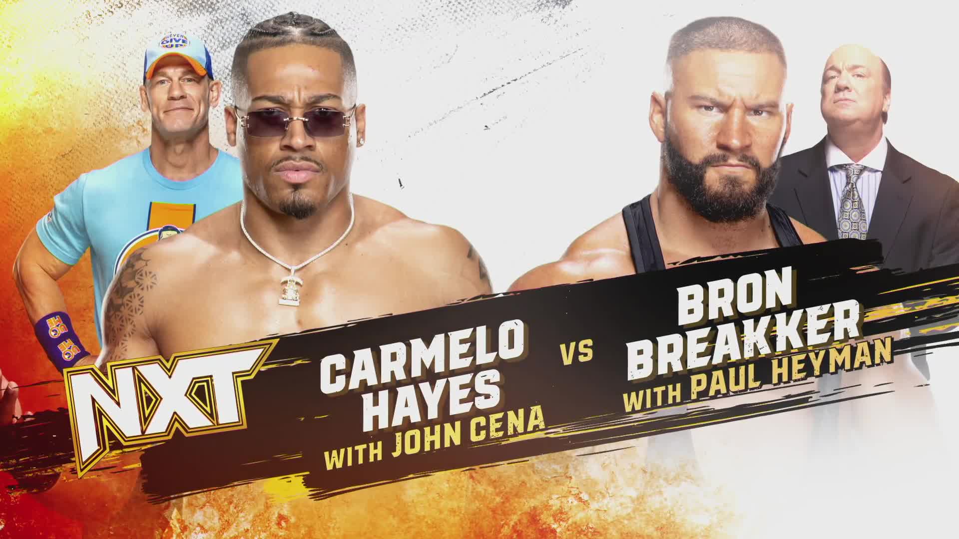 A WWE NXT match graphic featuring Carmelo Hayes, Bron Breakker, John Cena, and Paul Heyman.