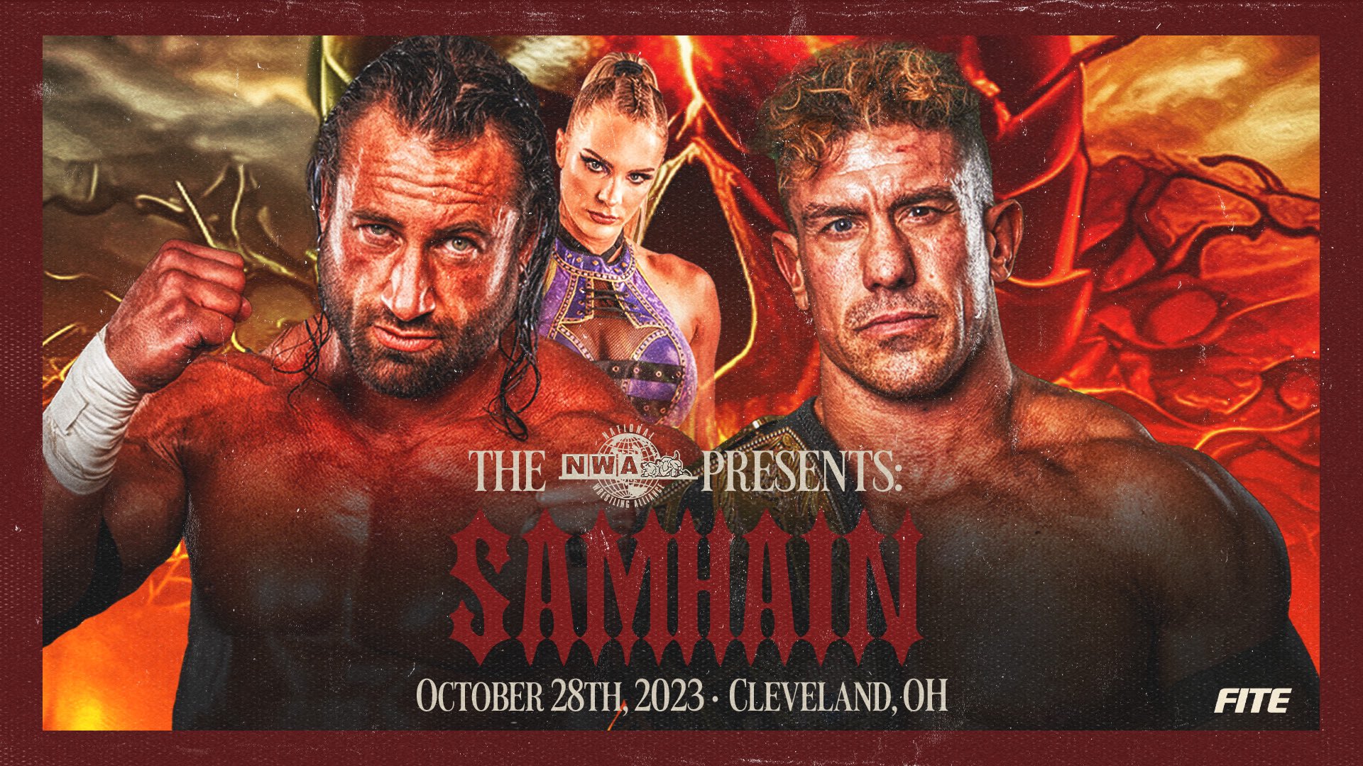 NWA Samhain match graphic featuring EC3, Thom Latimer, and, Kamille.