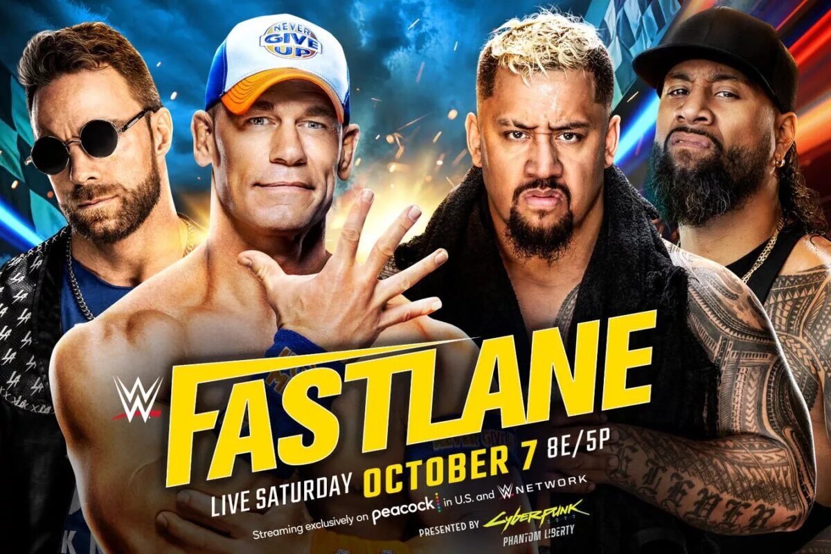 WWE Fastlane 2023 match graphic featuring John Cena & LA Knight vs. The Bloodline.
