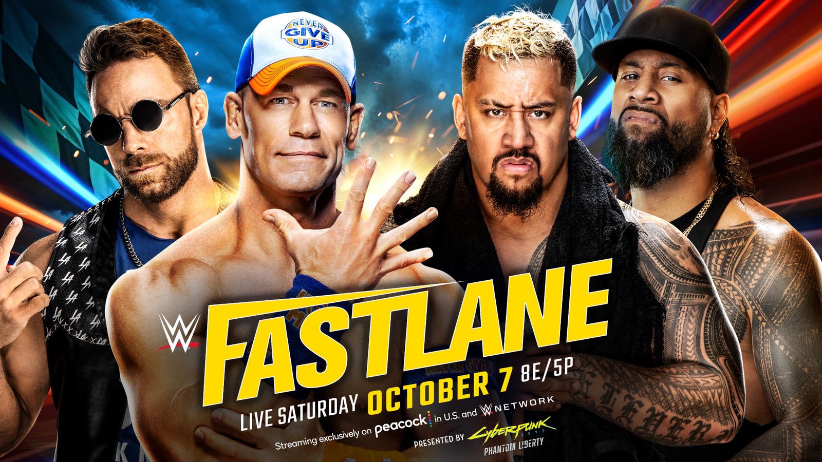 WWE Fastlane 2023 match graphic featuring John Cena & LA Knight vs. The Bloodline.