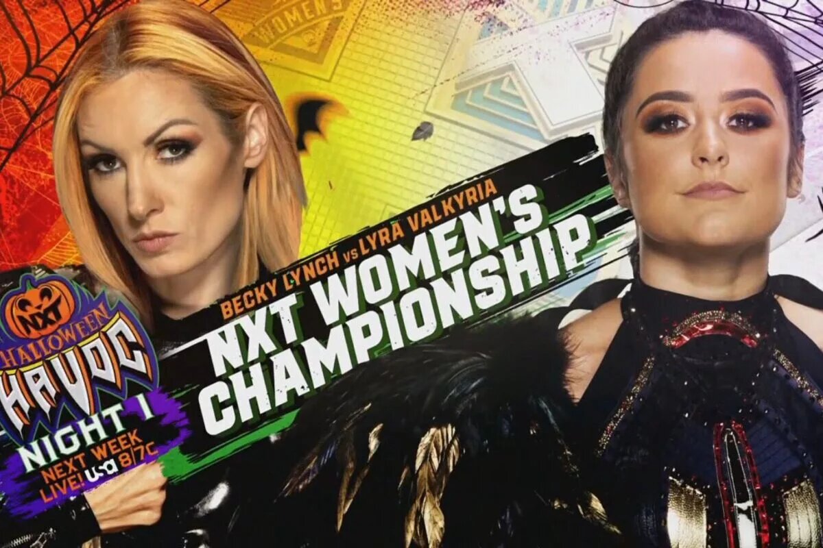 WWE NXT Halloween Havoc match graphic featuring Becky Lynch and Lyra Valkyria.