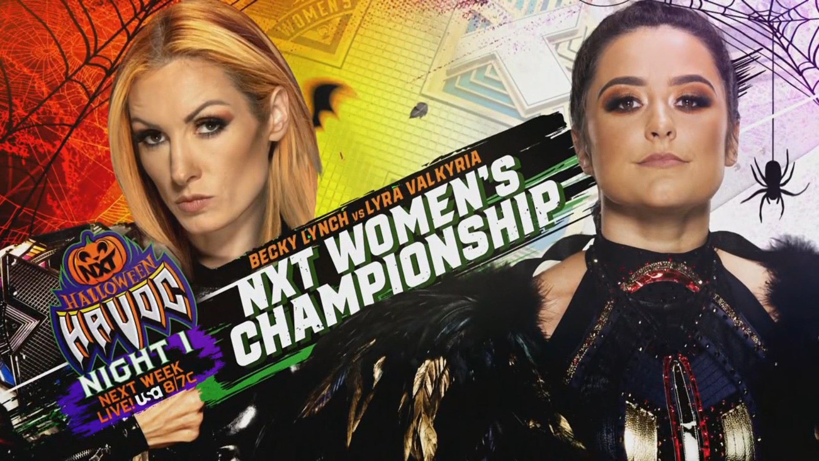 WWE NXT Halloween Havoc match graphic featuring Becky Lynch and Lyra Valkyria.