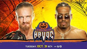 A WWE NXT Halloween Havoc - Week Two match graphic featuring Ilja Dragunov and Carmelo Hayes.