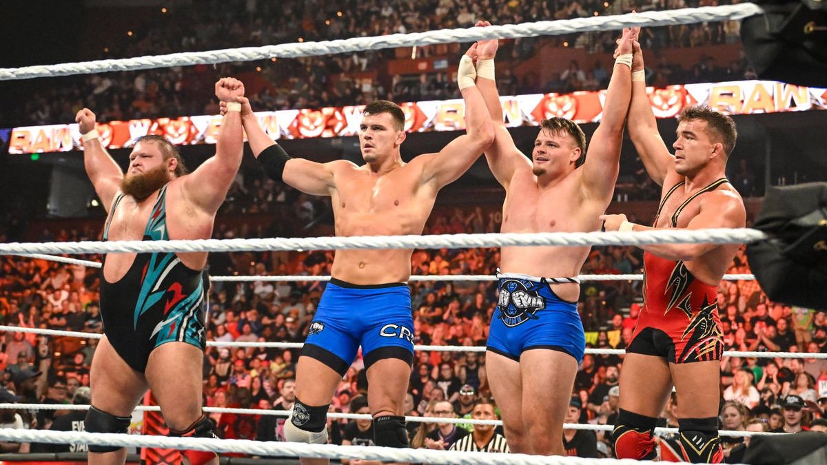 The Creed Brothers, with Alpha Academy, on WWE Raw.