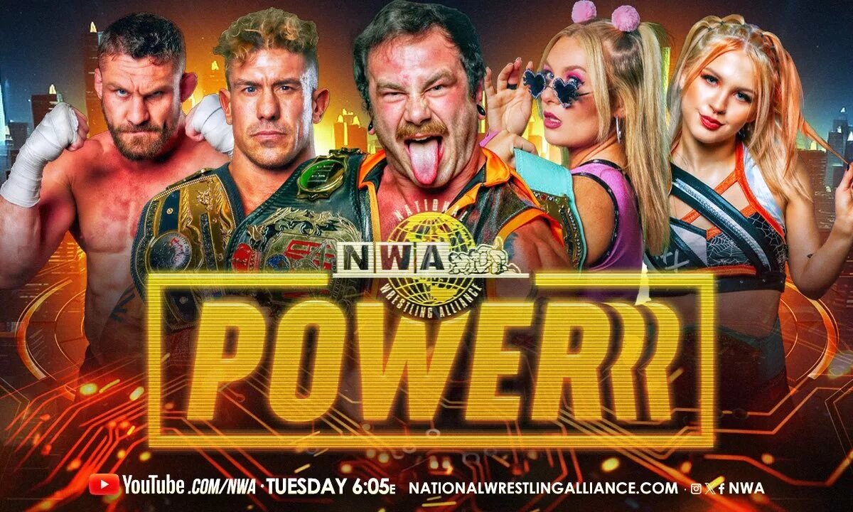 NWA Powerrr promotional graphic featuring the champions of the NWA.
