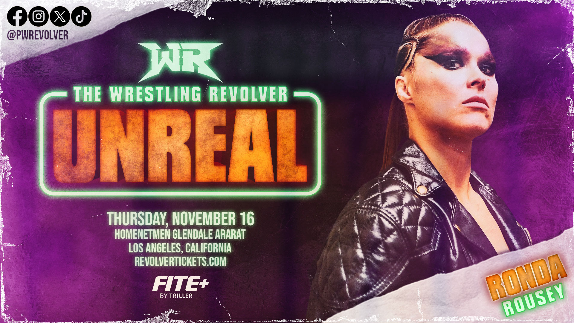 Ronda Rousey match graphic for Wrestling Revolver "Unreal" event.