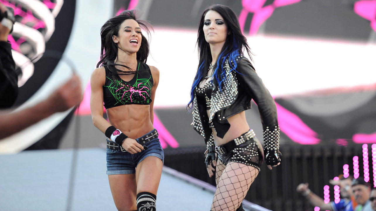 AJ Lee and Paige at WWE WrestleMania 31.