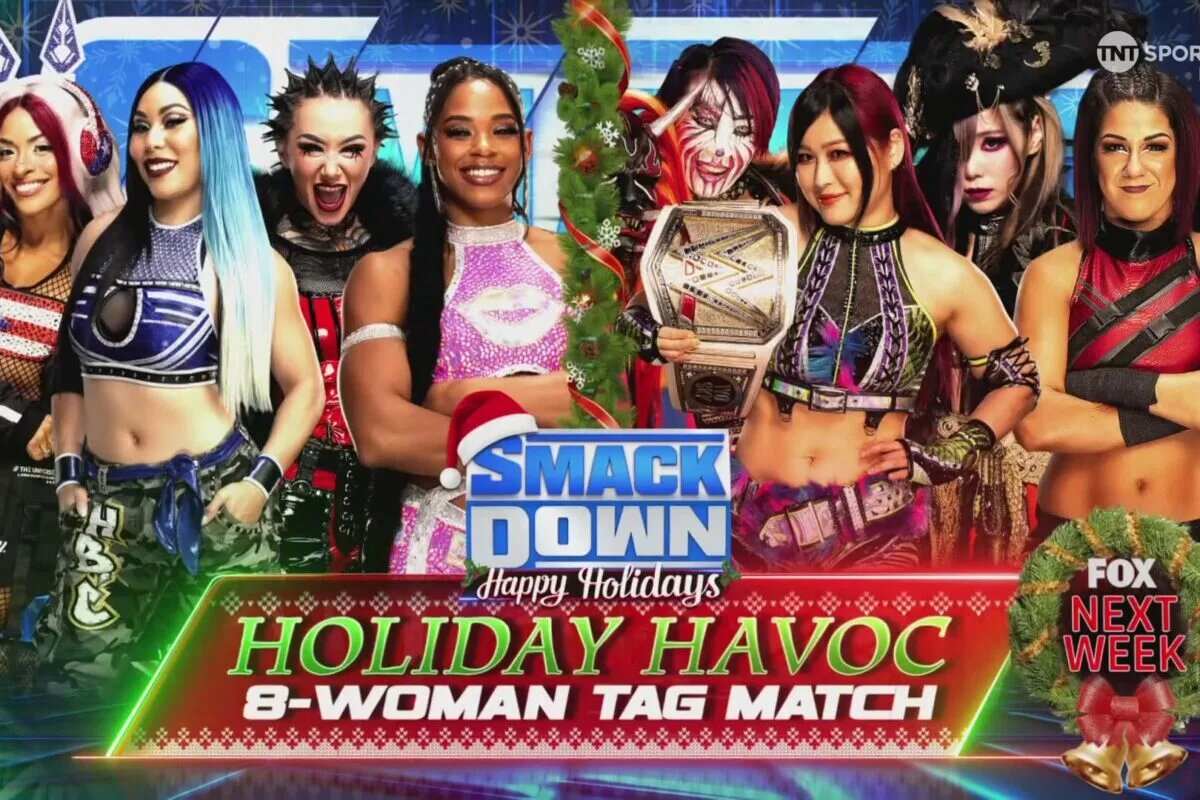 WWE SmackDown match graphic advertising the "Holiday Havoc" 8-Woman Tag Team Match.