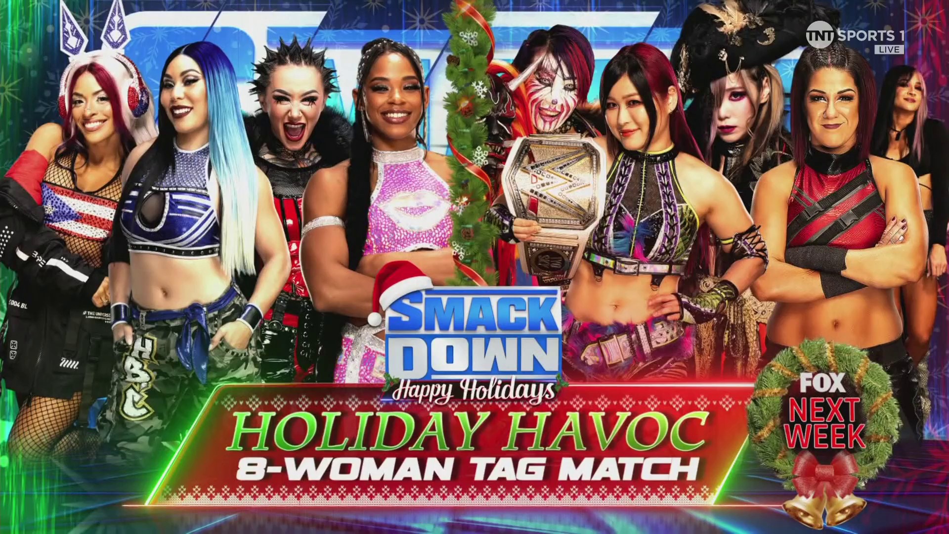 WWE SmackDown match graphic advertising the "Holiday Havoc" 8-Woman Tag Team Match.