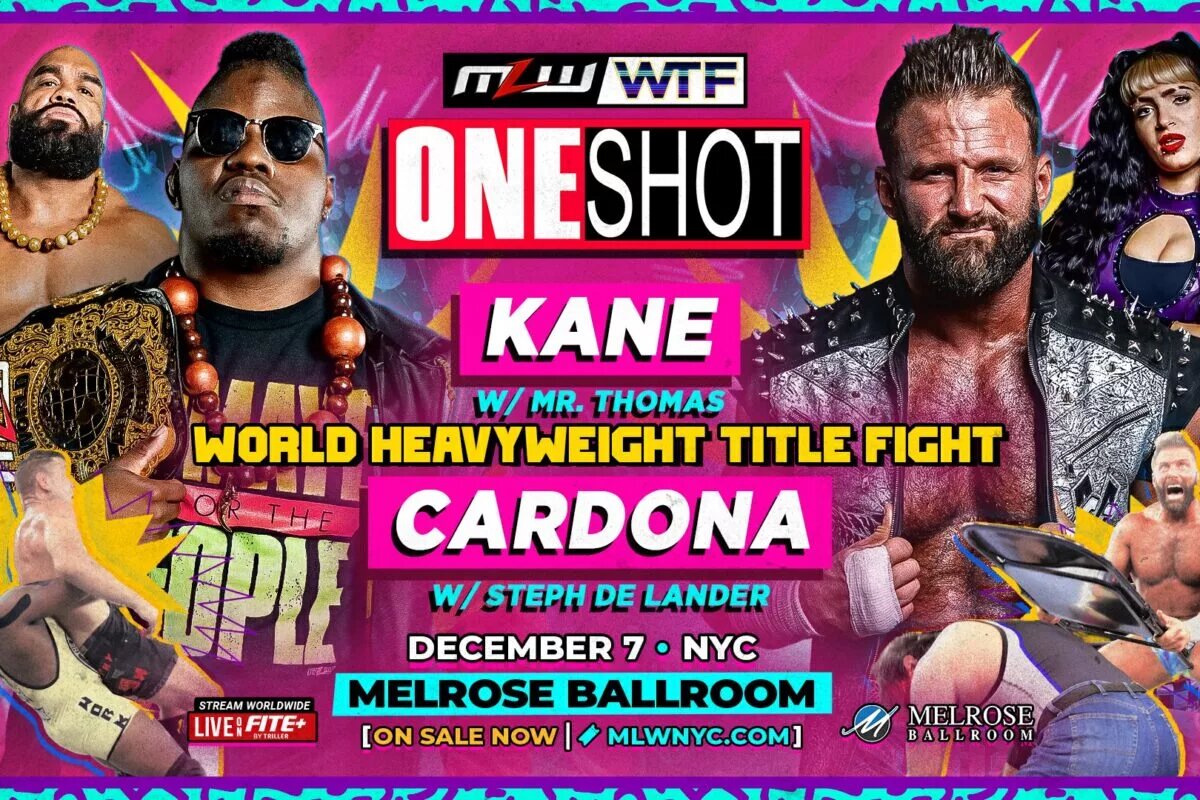 MLW One Shot promotional graphic featuring Alex Kane and Matt Cardona.