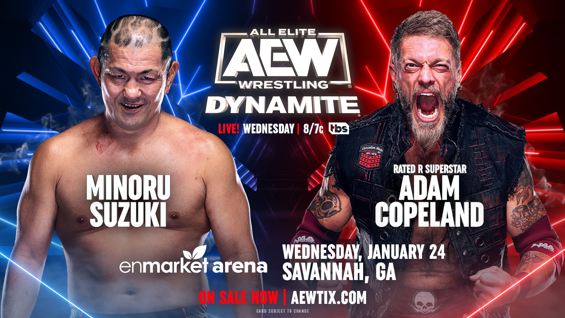AEW Dynamite Minoru Suzuki vs. "Rated R Superstar" Adam Copeland Match Graphic