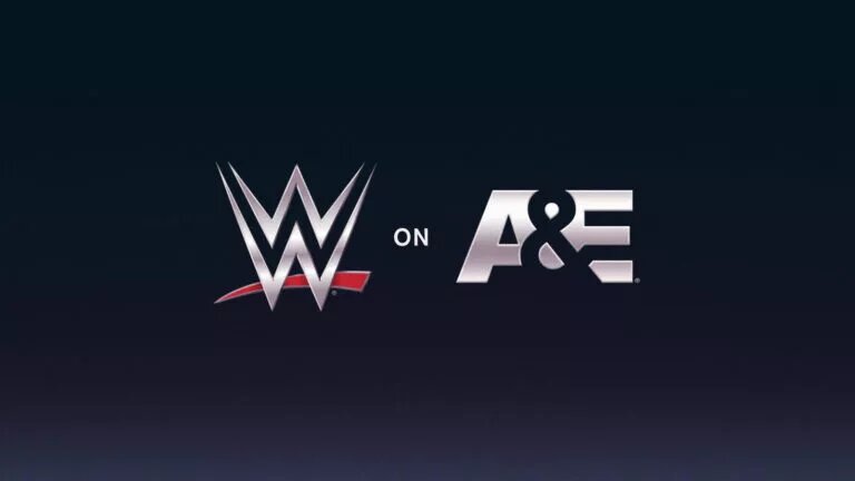A graphic advertising WWE on A&E.