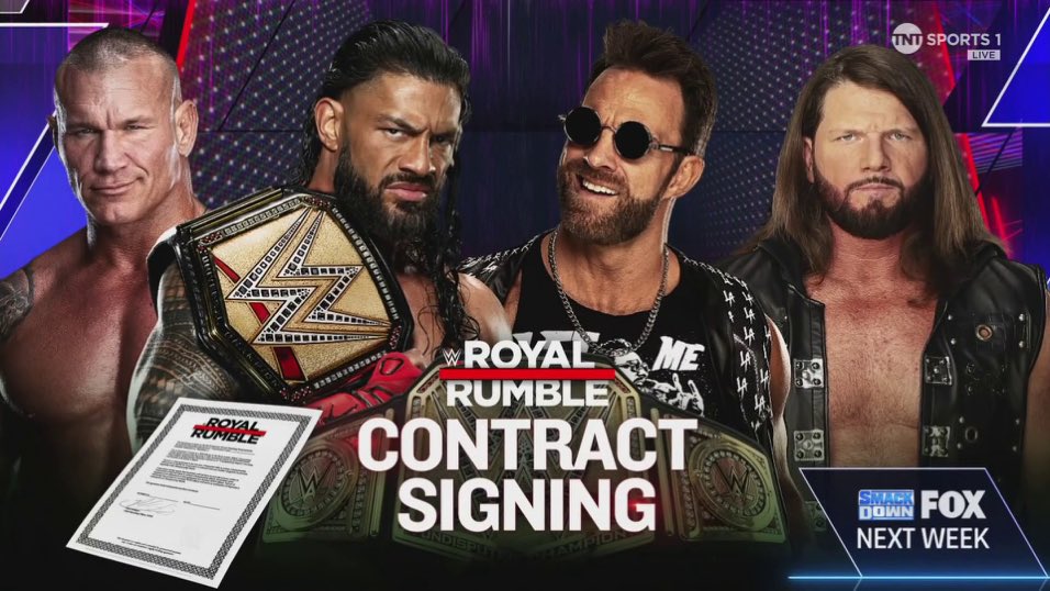 A WWE SmackDown match graphic advertising the Royal Rumble championship contract signing.