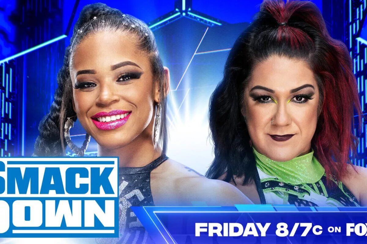 A promotional graphic for WWE SmackDown featuring Bianca Belair and Bayley.