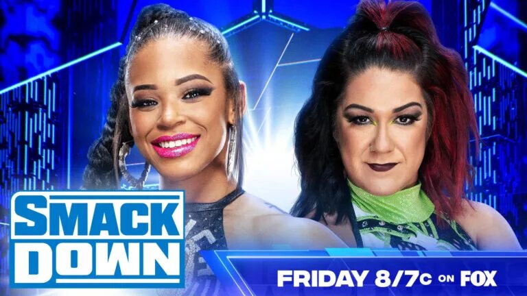A promotional graphic for WWE SmackDown featuring Bianca Belair and Bayley.
