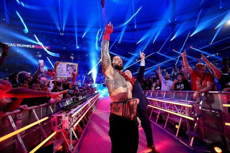 Roman Reigns, with Paul Heyman, at the 2024 edition of the WWE Royal Rumble PLE.
