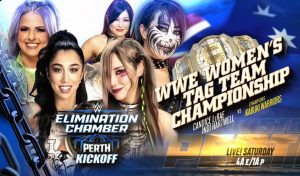 A promotional graphic for WWE Elimination Chamber featuring Indi Hartwell.