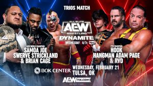 Samoa Joe, Swerve Strickland and Brian Cage vs. "Hangman" Adam Page, HOOK, and Rob Van Dam match graphic