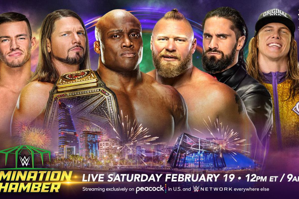 A promotional graphic for WWE Elimination Chamber in Saudi Arabia.
