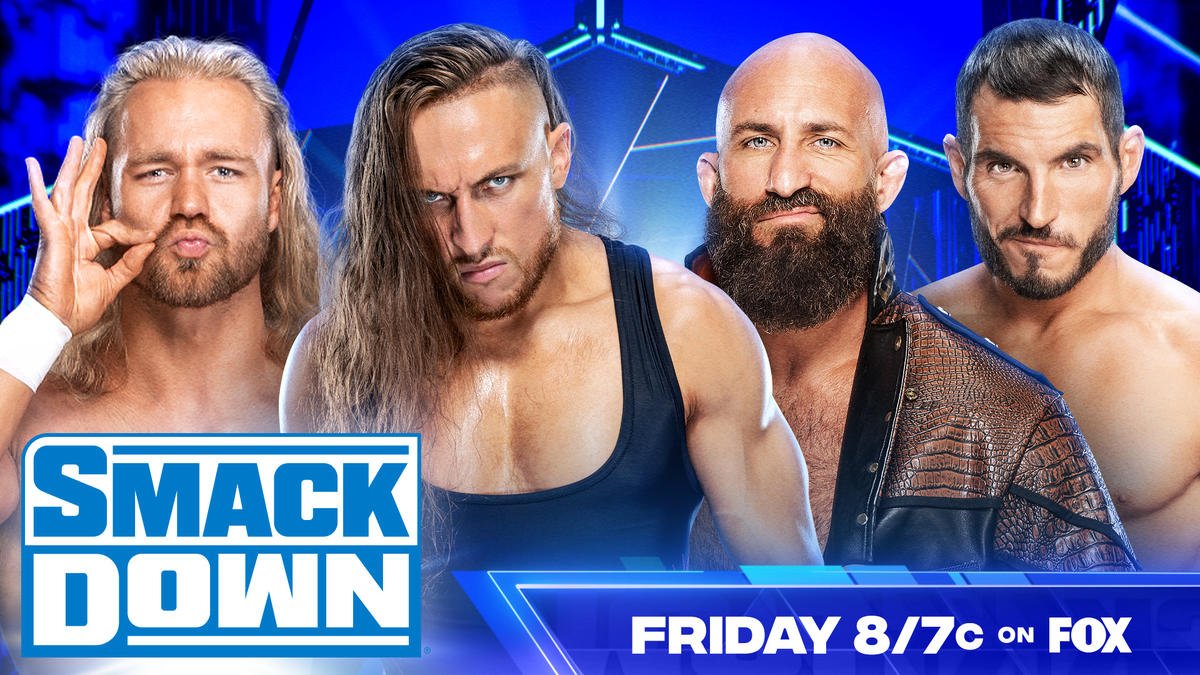 A promotional match graphic of WWE SmackDown featuring DIY and British Strong Style.
