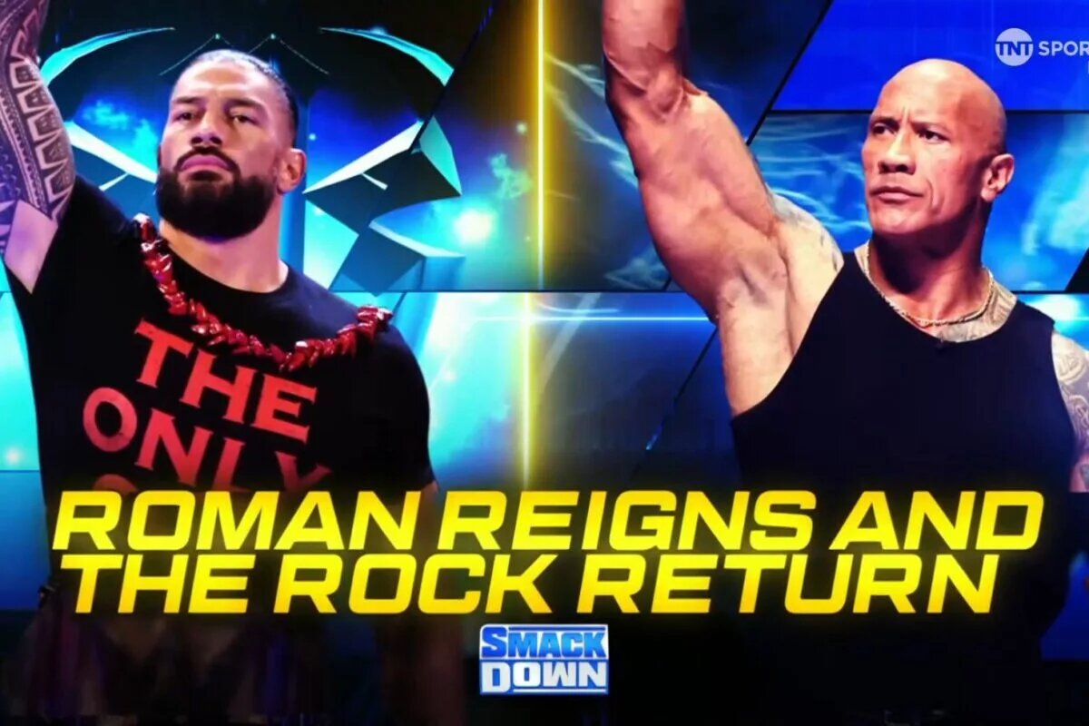 A WWE SmackDown graphic promoting the return of Roman Reigns and The Rock.