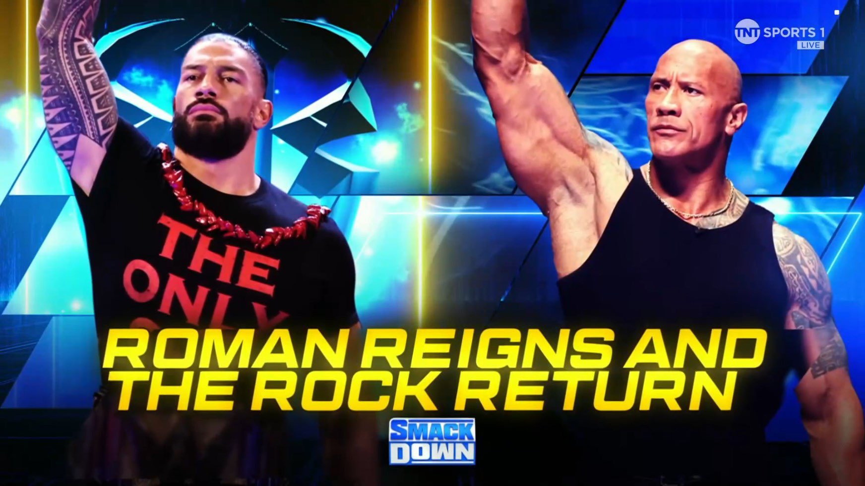 A WWE SmackDown graphic promoting the return of Roman Reigns and The Rock.