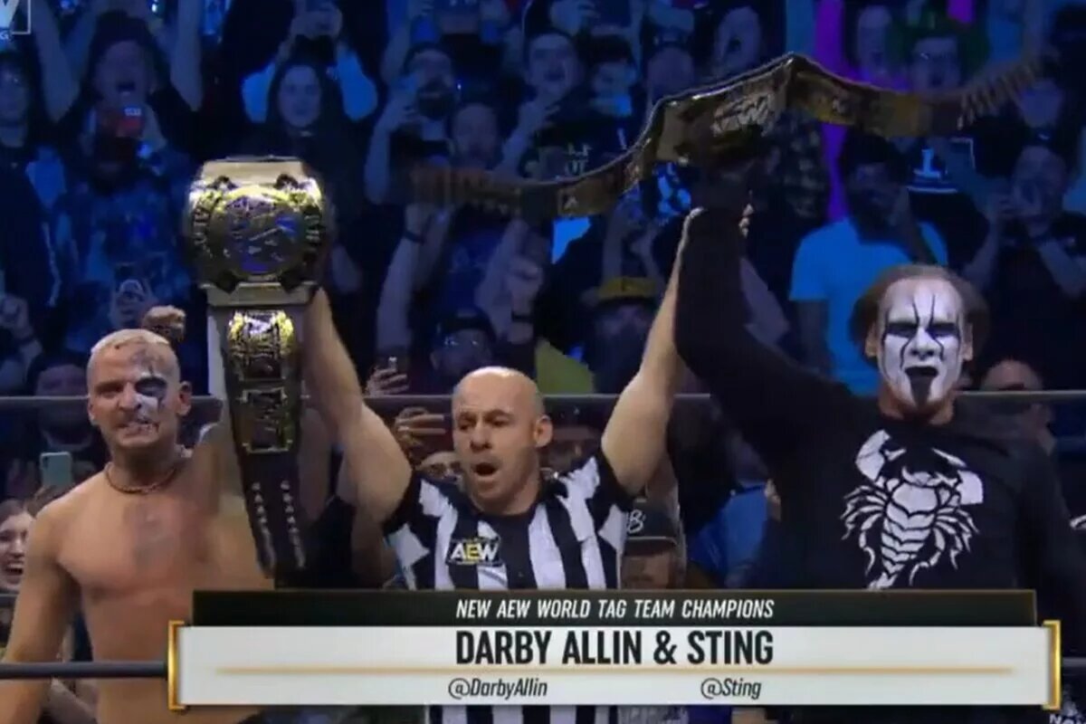 A photo from AEW Dynamite featuring AEW World Tag Team Champions Sting and Darby Allin.