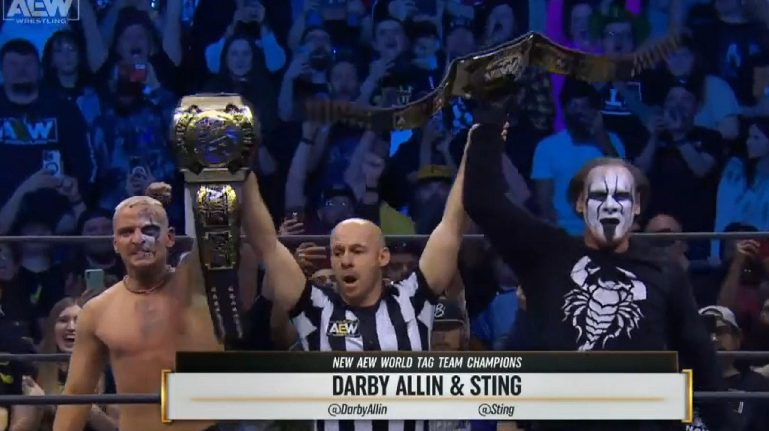 A photo from AEW Dynamite featuring AEW World Tag Team Champions Sting and Darby Allin.