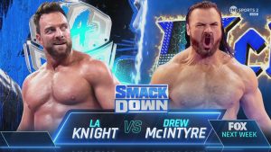 A WWE SmackDown match graphic featuring Drew McIntyre and LA Knight.