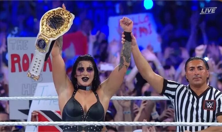 A photo of Rhea Ripley at WWE Elimination Chamber.