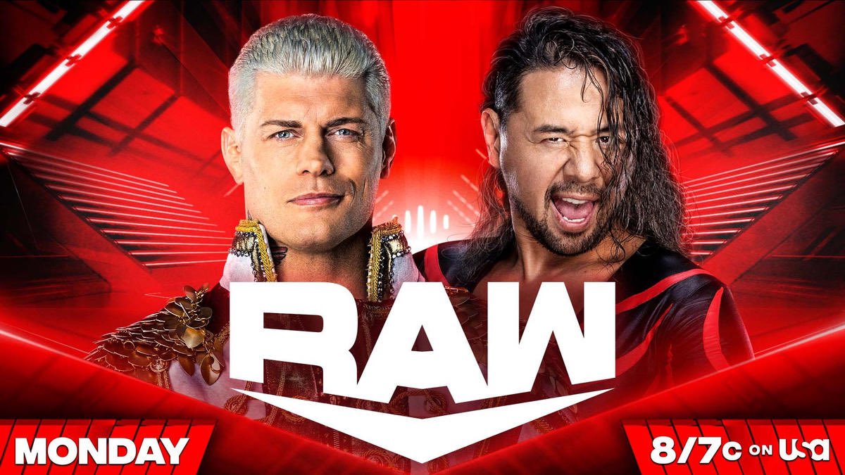 A WWE Raw match graphic featuring Cody Rhodes vs. Shinsuke Nakamura.