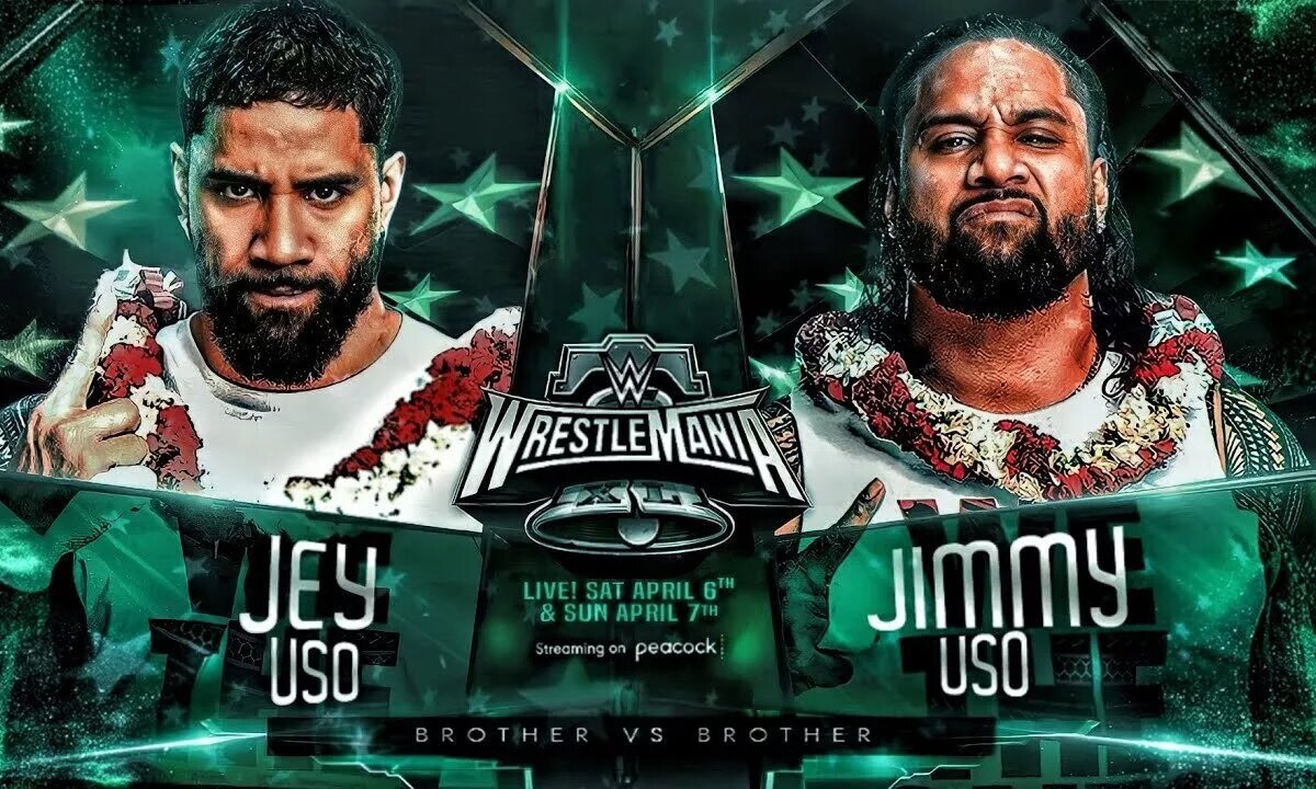 A match graphic for WWE WrestleMania 40 featuring the Grudge match between The Usos.
