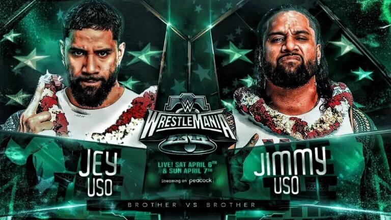 A match graphic for WWE WrestleMania 40 featuring the Grudge match between The Usos.