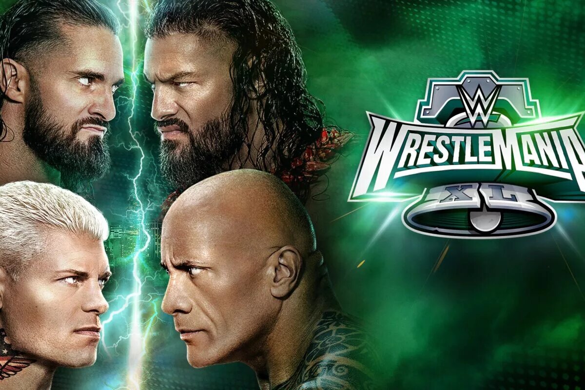 A match graphic featuring Roman Reigns, The Rock, Cody Rhodes, and Seth Rollins for WWE WrestleMania - Night One.