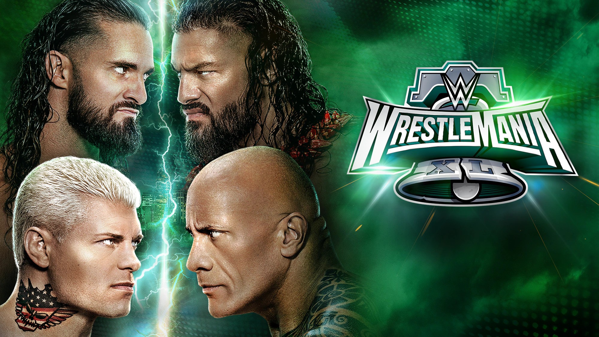 A match graphic featuring Roman Reigns, The Rock, Cody Rhodes, and Seth Rollins for WWE WrestleMania - Night One.