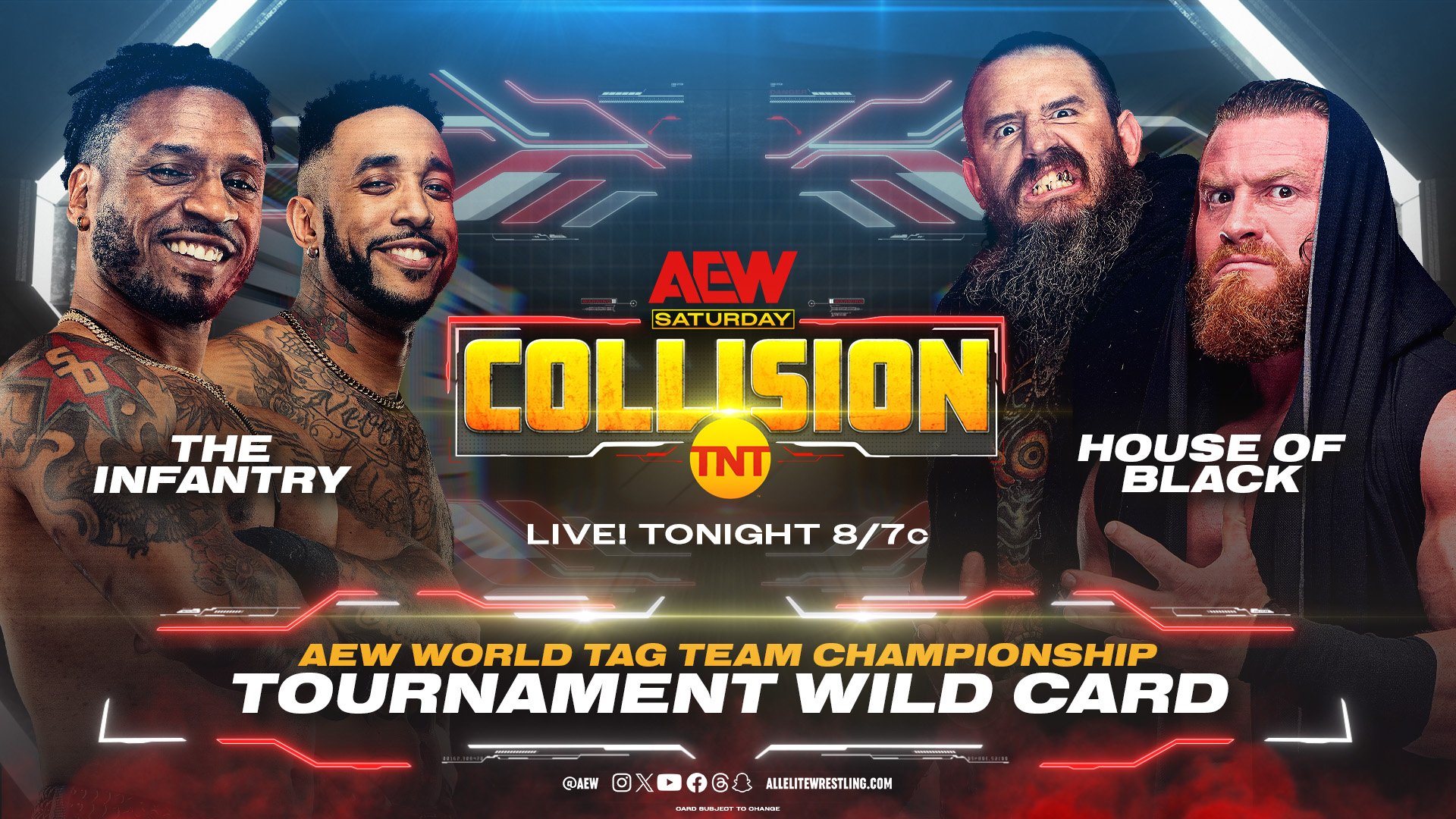 An AEW Collision match graphic featuring The Infantry vs. The House of Black.