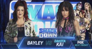 A promotional graphic for WWE SmackDown featuring Bayley and Dakota Kai.