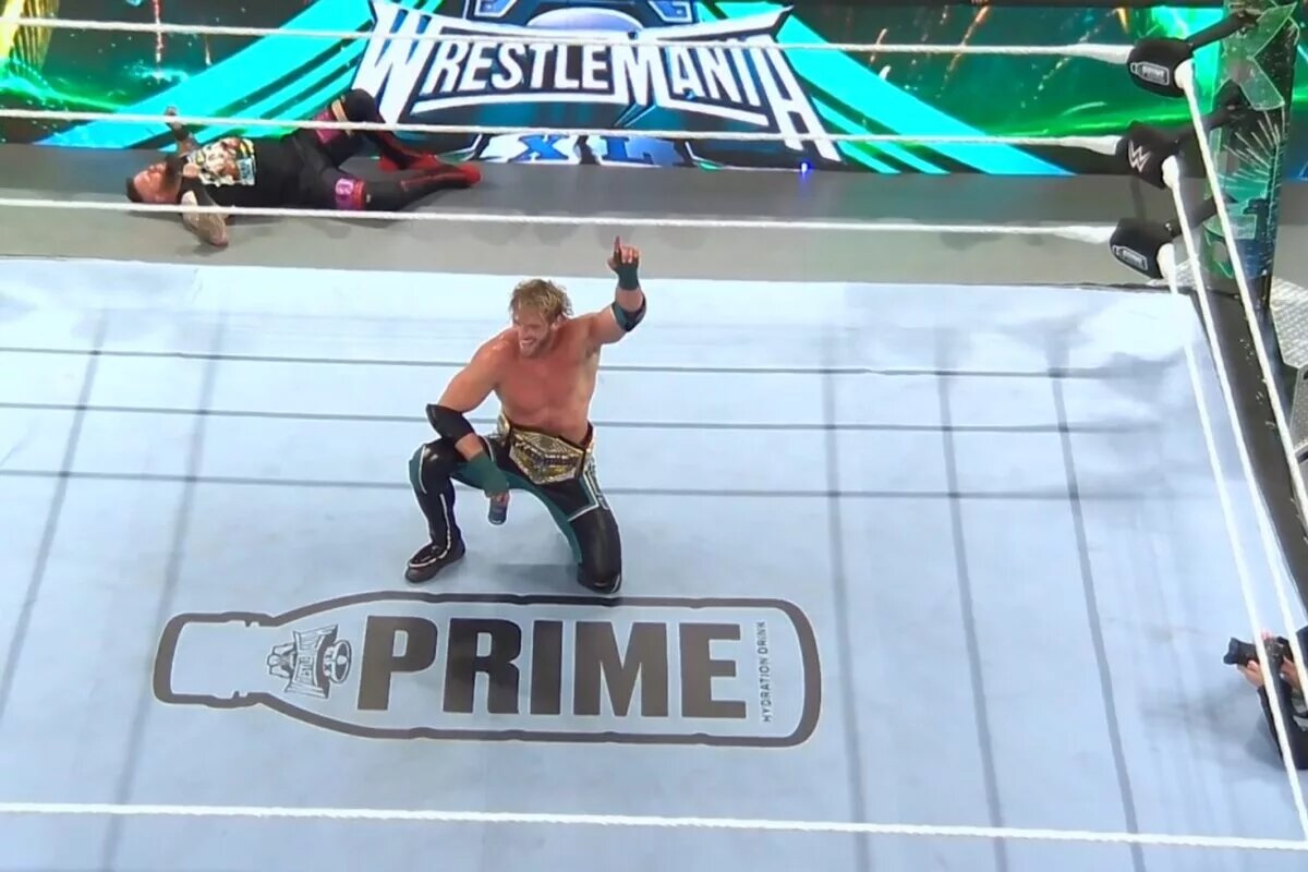 Logan Paul at WrestleMania XL featuring the PRIME logo.