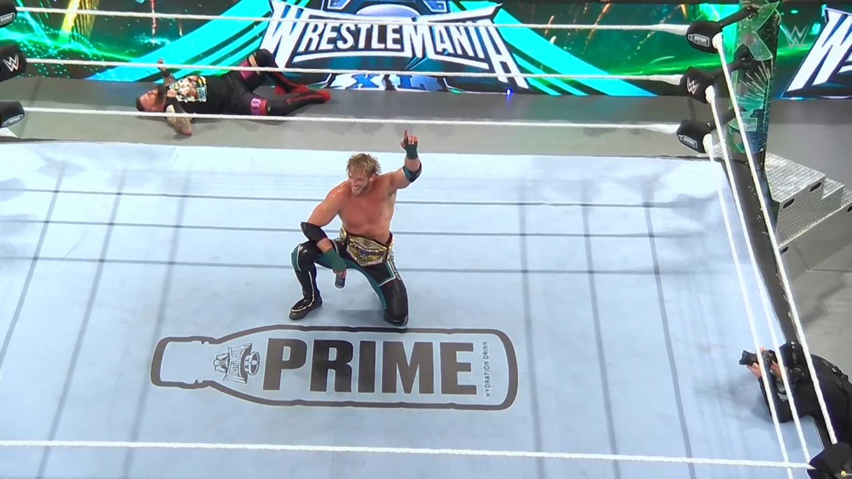 Logan Paul at WrestleMania XL featuring the PRIME logo.