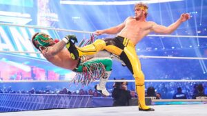 A photo of Logan Paul and Rey Mysterio at WWE WrestleMania.