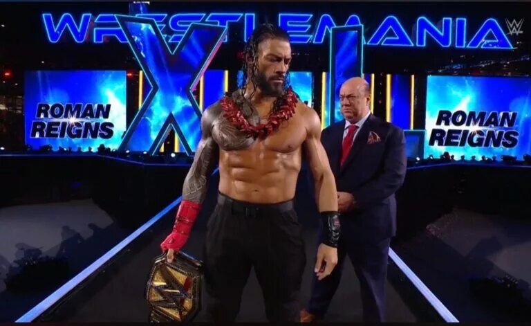 A photo of Roman Reigns, with Paul Heyman, at WWE WrestleMania XL.