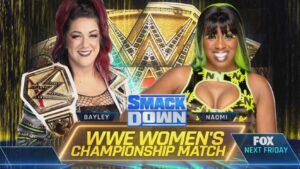 A match graphic for WWE SmackDown featuring Bayley and Naomi.