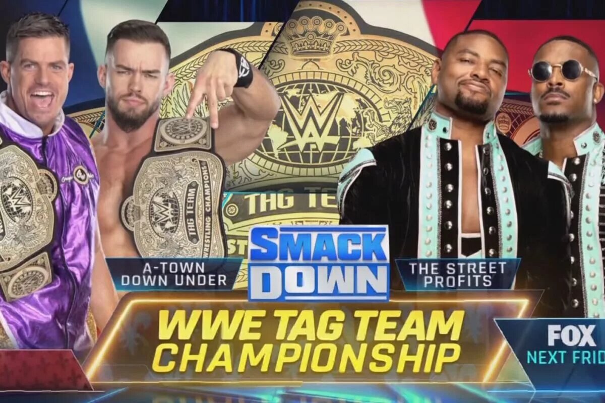 A WWE SmackDown match graphic featuring A-Town Down Under and The Street Profits.