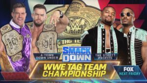 A WWE SmackDown match graphic featuring A-Town Down Under and The Street Profits.