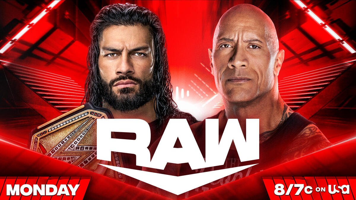 A match graphic for WWE Raw featuring The Rock and Roman Reigns.