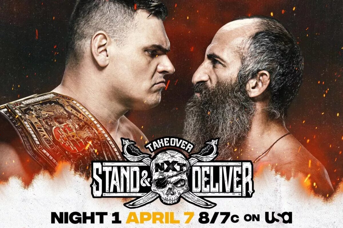 A match graphic for NXT Stand and Deliver featuring WALTER and Tommaso Ciampa.