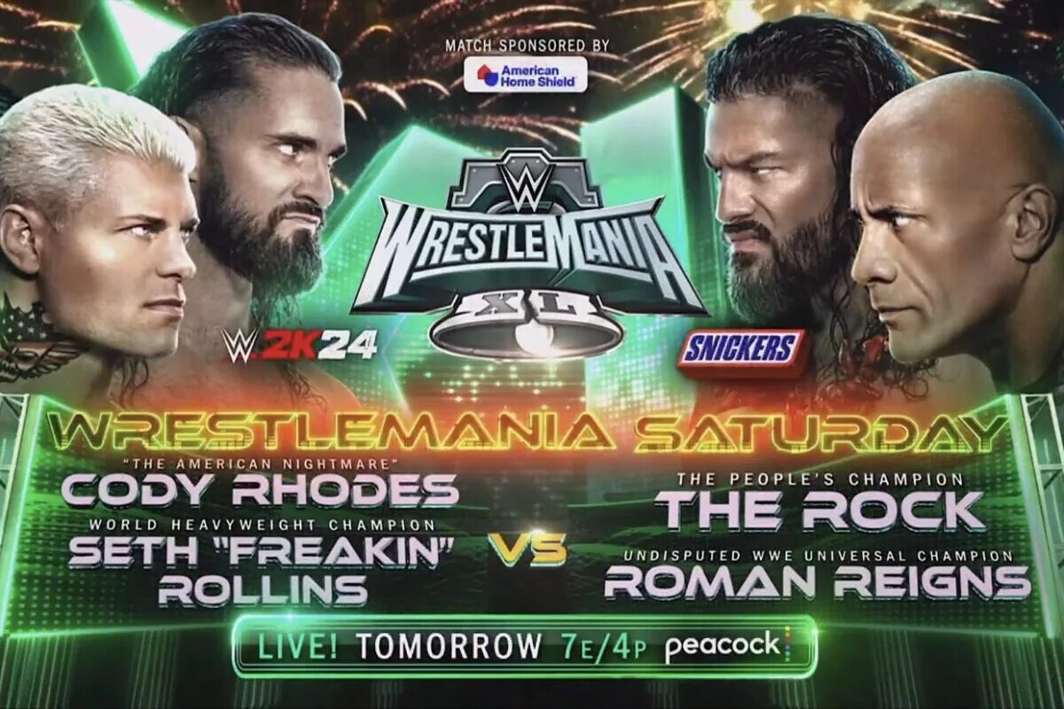 A match graphic for WWE WrestleMania 40 featuring The Rock.